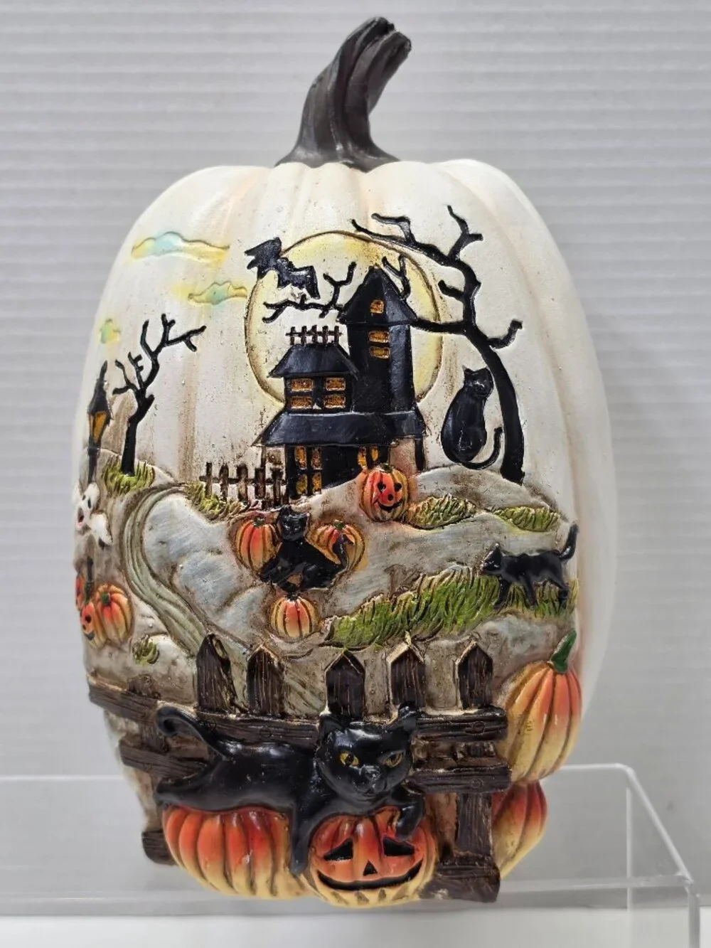 Vintage Halloween White Pumpkin Haunted House Black Cat Lighted Decor 10